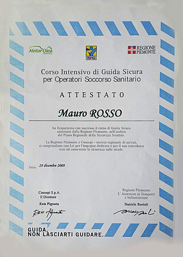 Chaffeur car service Torino: Certificate of safe driving